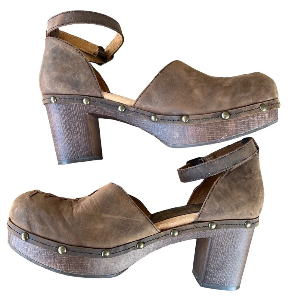 Sbicca Donerail Leather Studded Platform Clog Sandal Brown Size 10 Ankle Strap